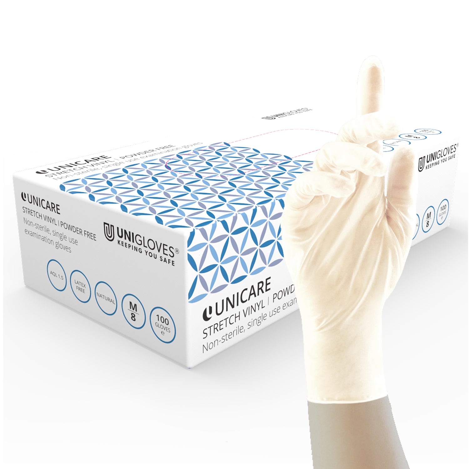 Transparente medizinische Stretch-Vinyl-Untersuchungshandschuhe. Box von 100